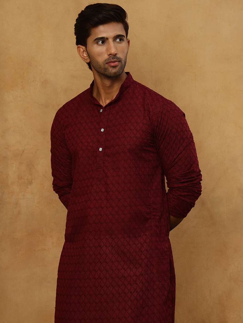 men maroon cotton long kurtas kurta - 22476998 -  Standard Image - 2