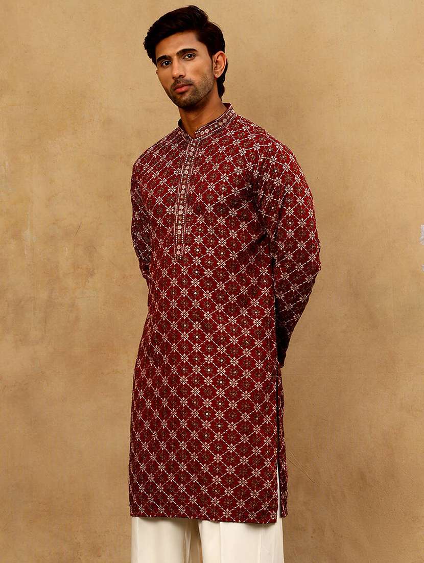 men solid with work mandarin neck long kurta - 22477013 -  Standard Image - 2