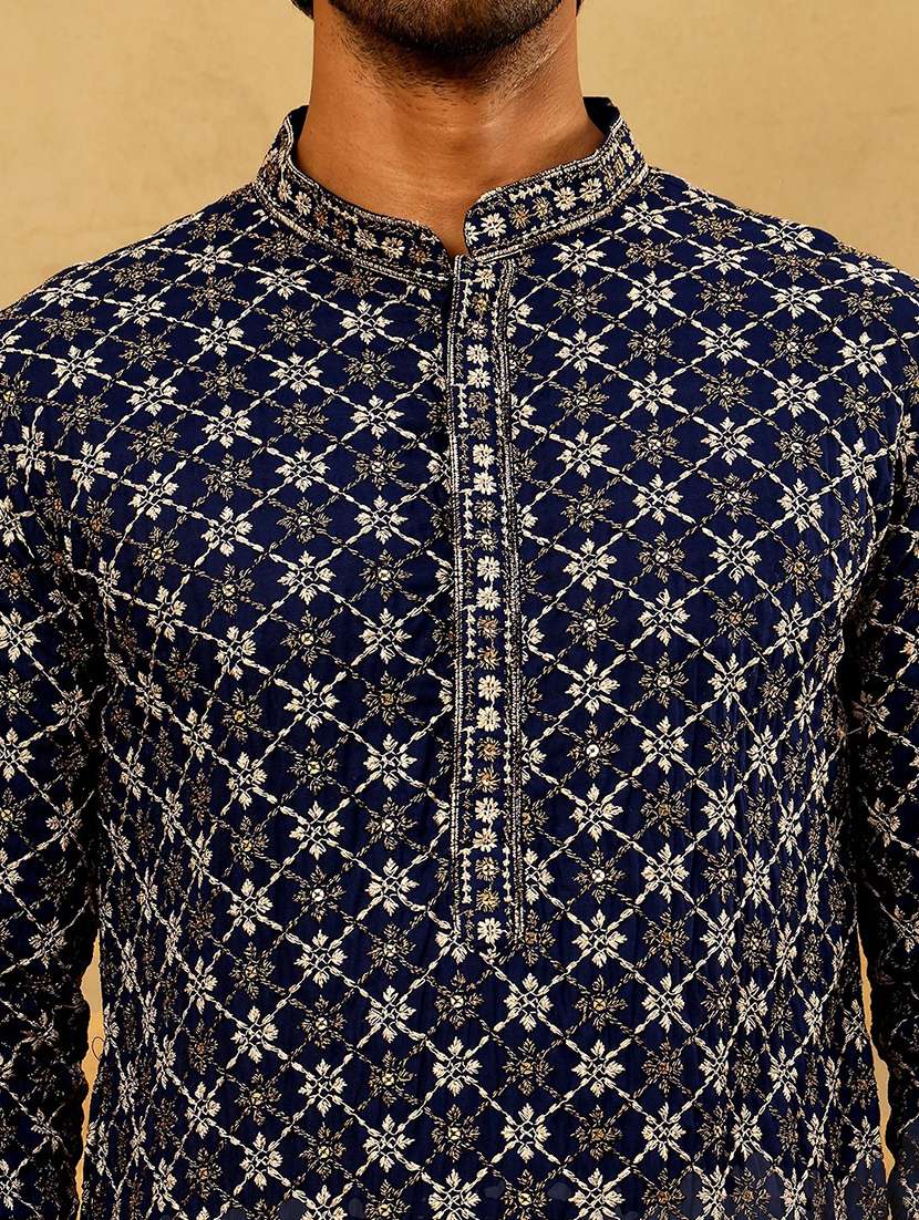 men navy blue viscose long kurtas kurta - 22477015 -  Standard Image - 2