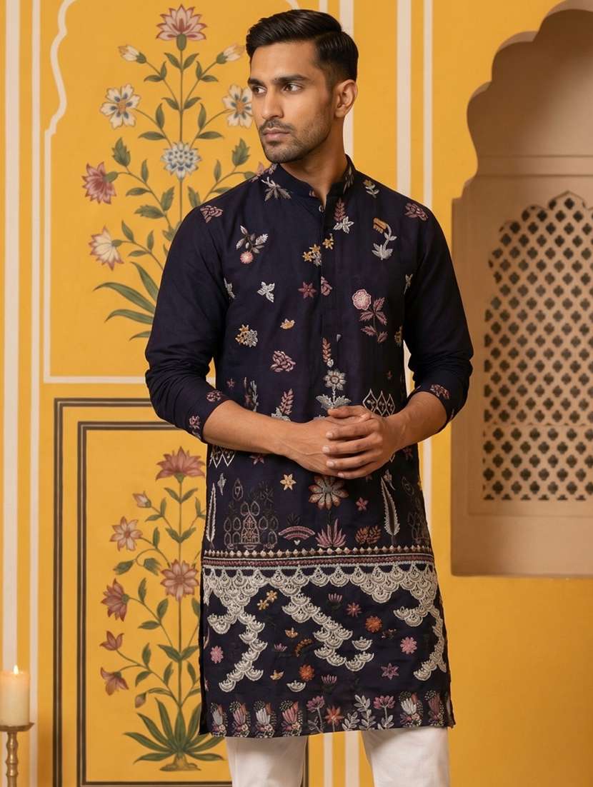 Men Navy Blue Silk Blend Long Kurtas Kurta - 22477016 -  Standard Image - 2