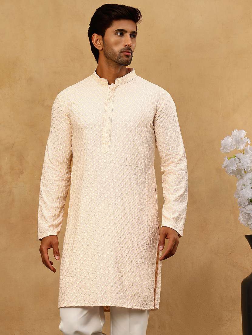 men peach viscose long kurtas kurta - 22477020 -  Standard Image - 2