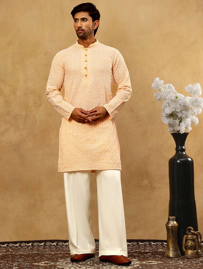 men orange cotton kurta pyjama ethnic wear set