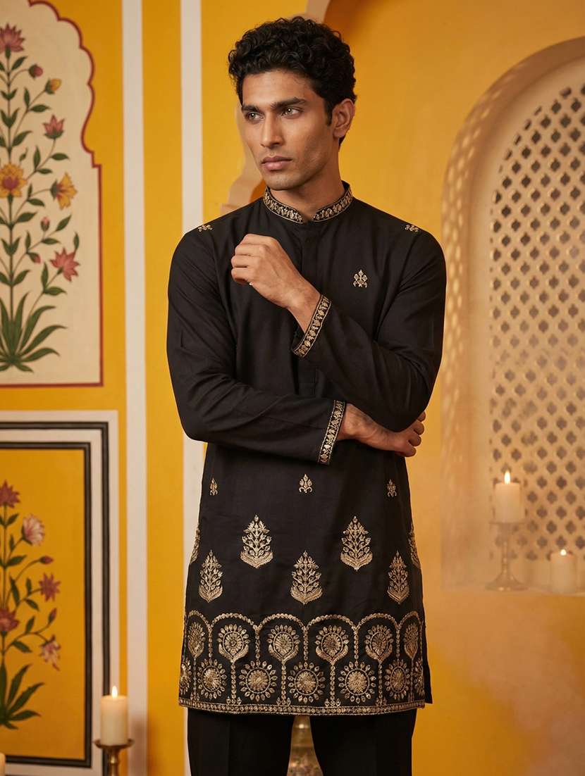 men black silk blend kurta pyjama ethnic wear set