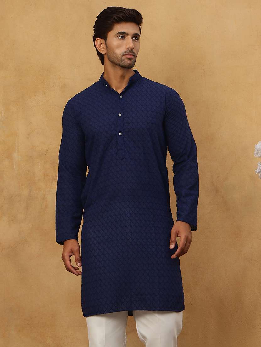 men navy blue cotton kurta pyjama ethnic wear set