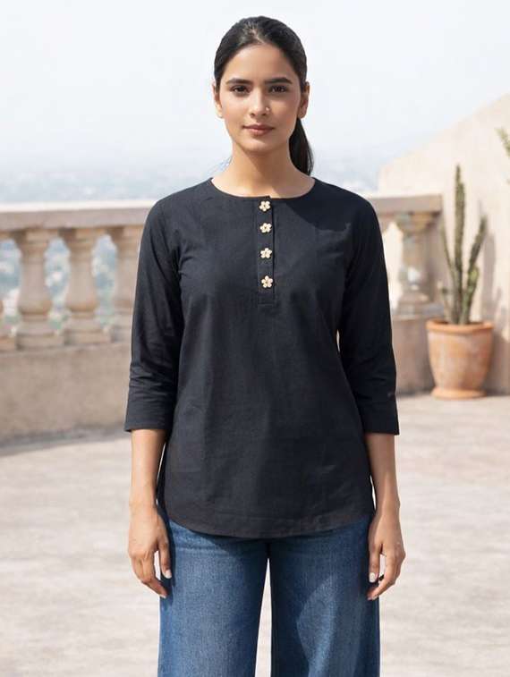 Women Black Linen Regular Top - 22477443 -  Standard Image - 2