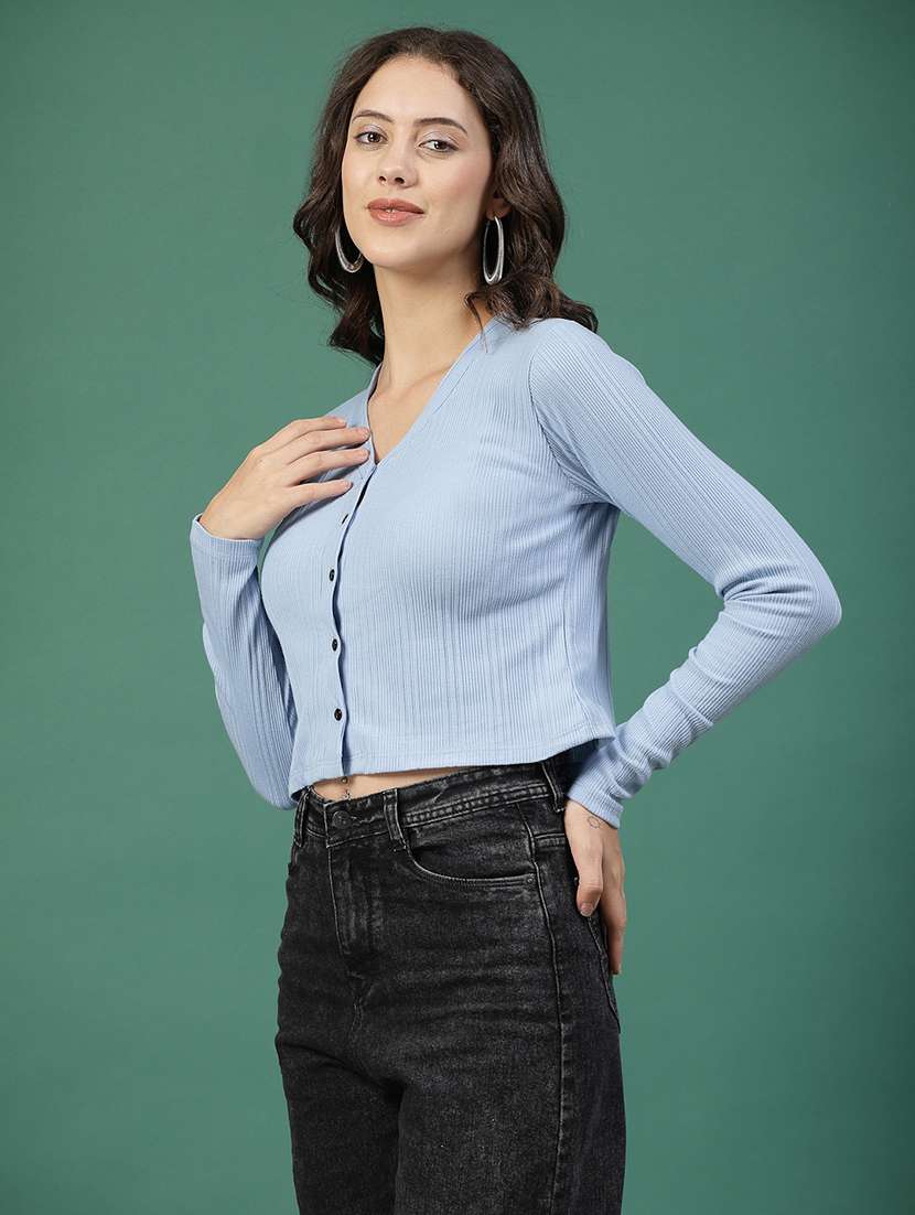 women solid blue cotton regular top