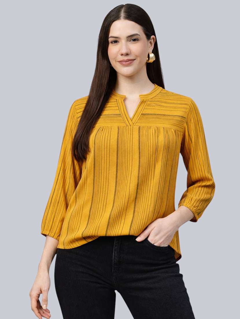 women striped printed mandarin collar top