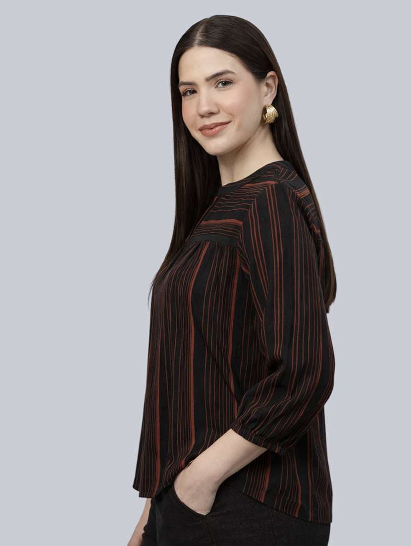 women striped printed mandarin collar top - 22477535 -  Standard Image - 2