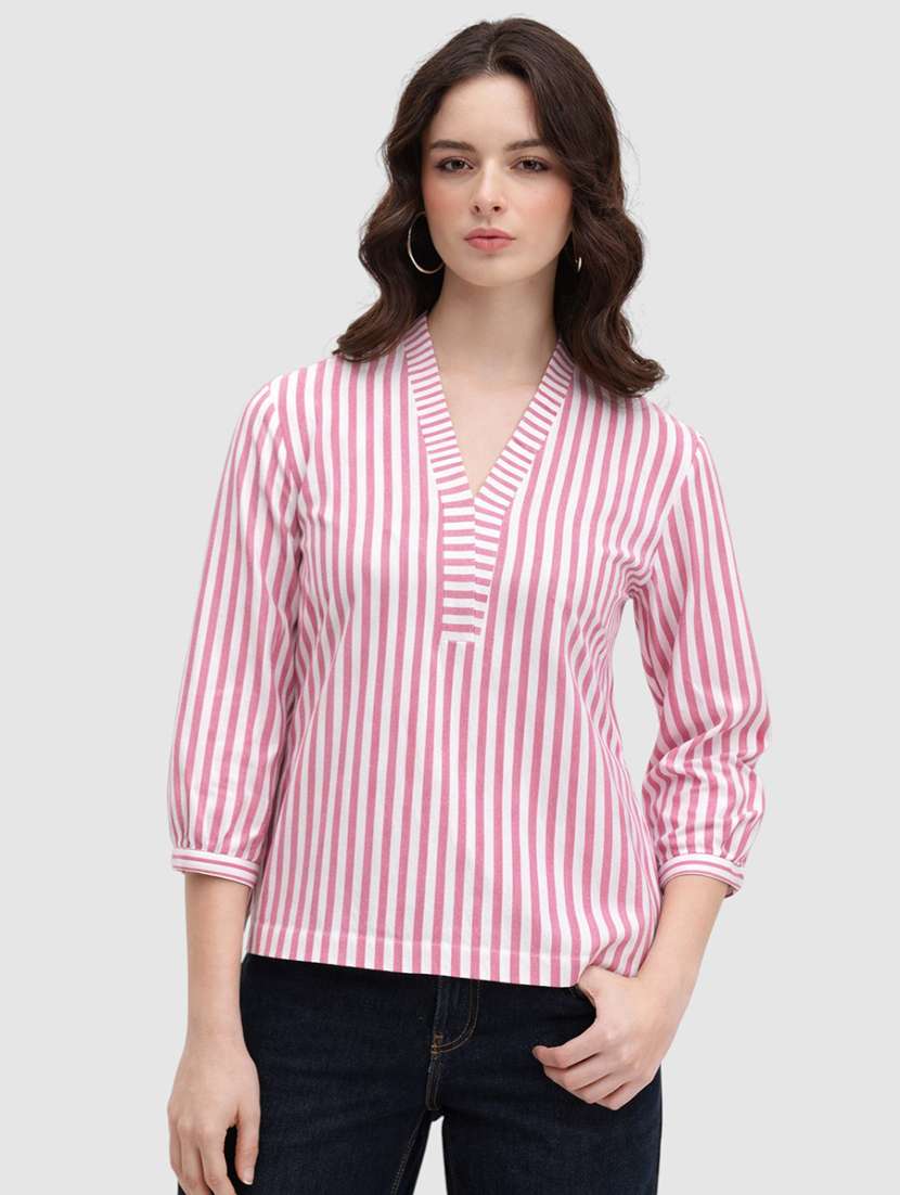 women striped three quarter sleeves v neck top - 22477539 -  Standard Image - 2
