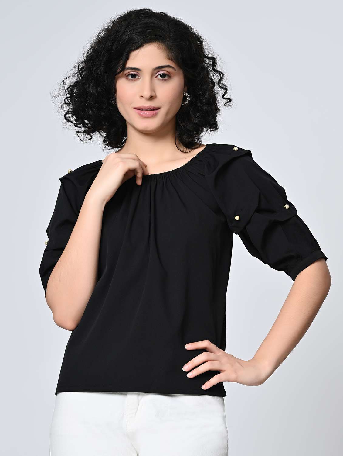 girls repe puff sleeve round neck top