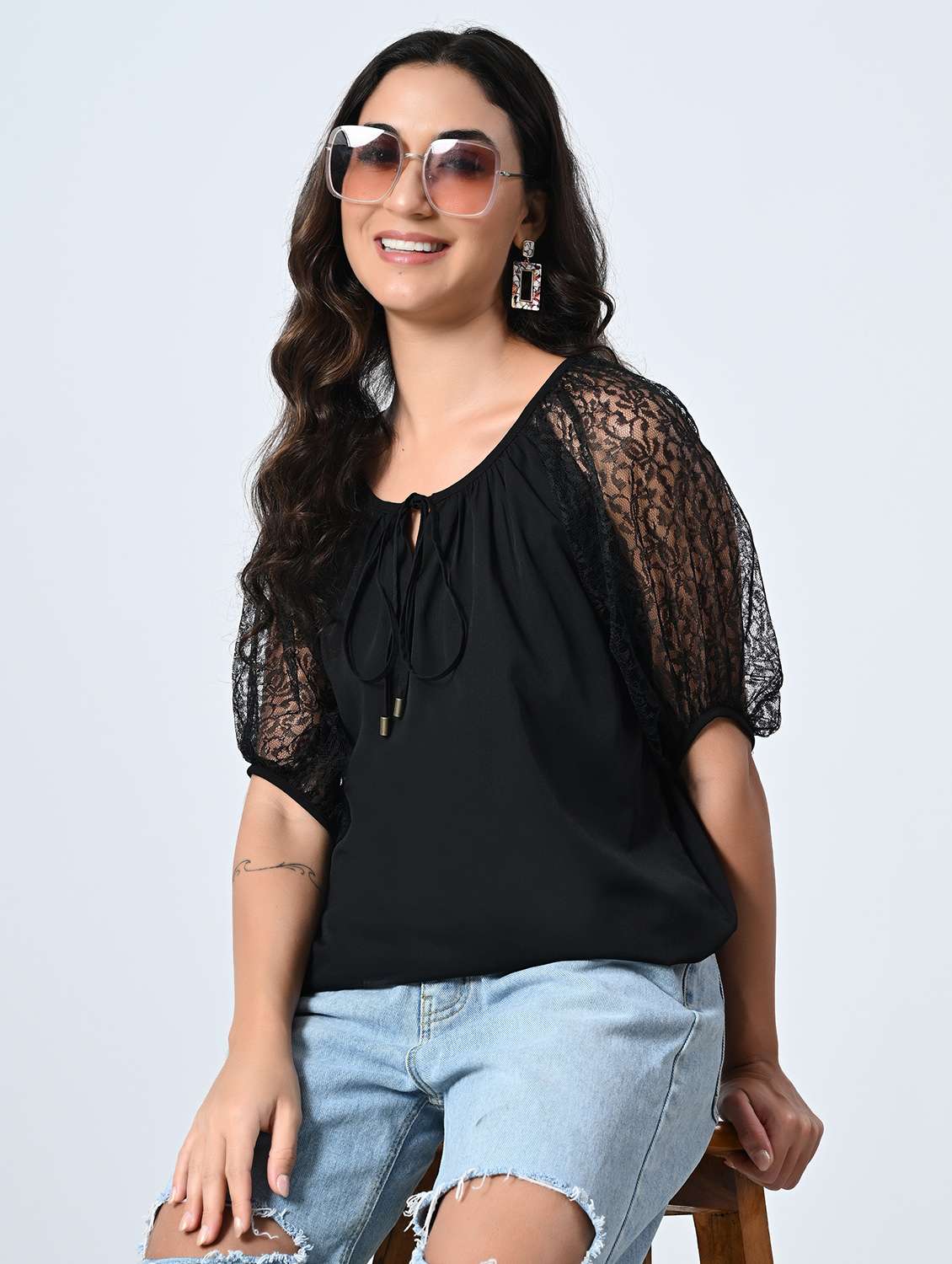 girls lace short sleeve tie-up neck top