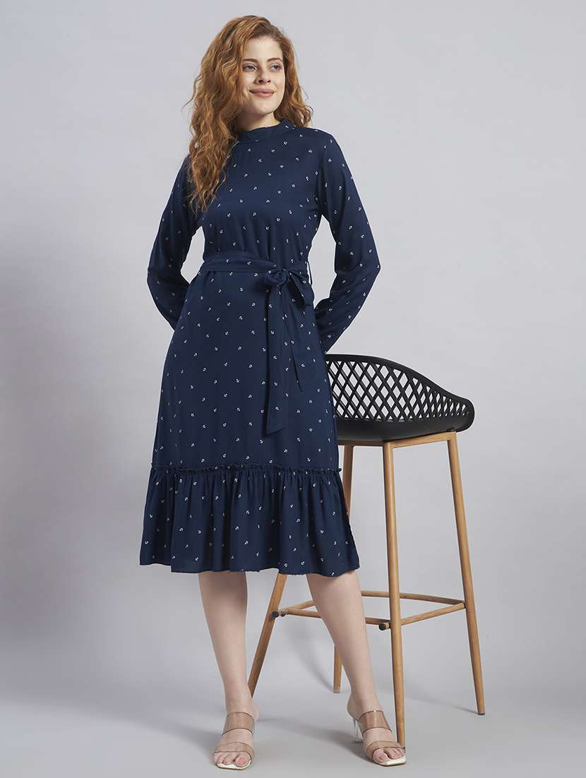 women printed long sleeves tiered midi dress