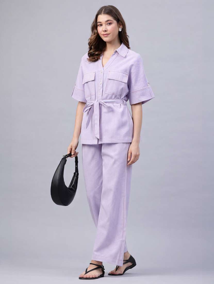 women solid short sleeves shirt and trouser co-ord set