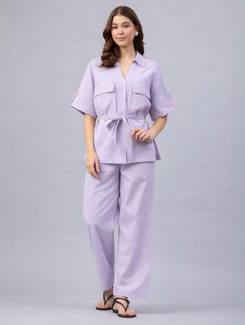 women solid short sleeves shirt and trouser co-ord set - 22477601 -  Standard Image - 2