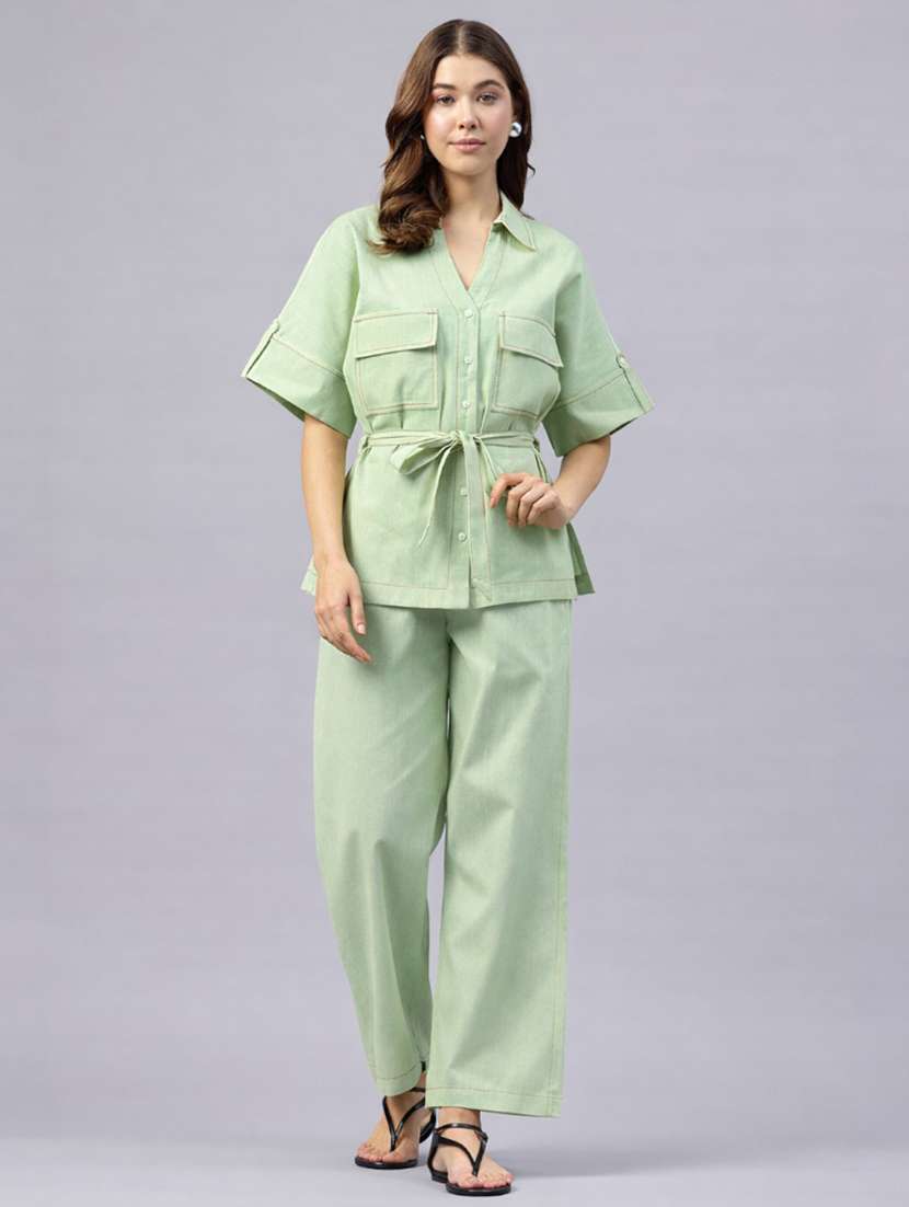 women solid short sleeves shirt and trouser co-ord set - 22477602 -  Standard Image - 2