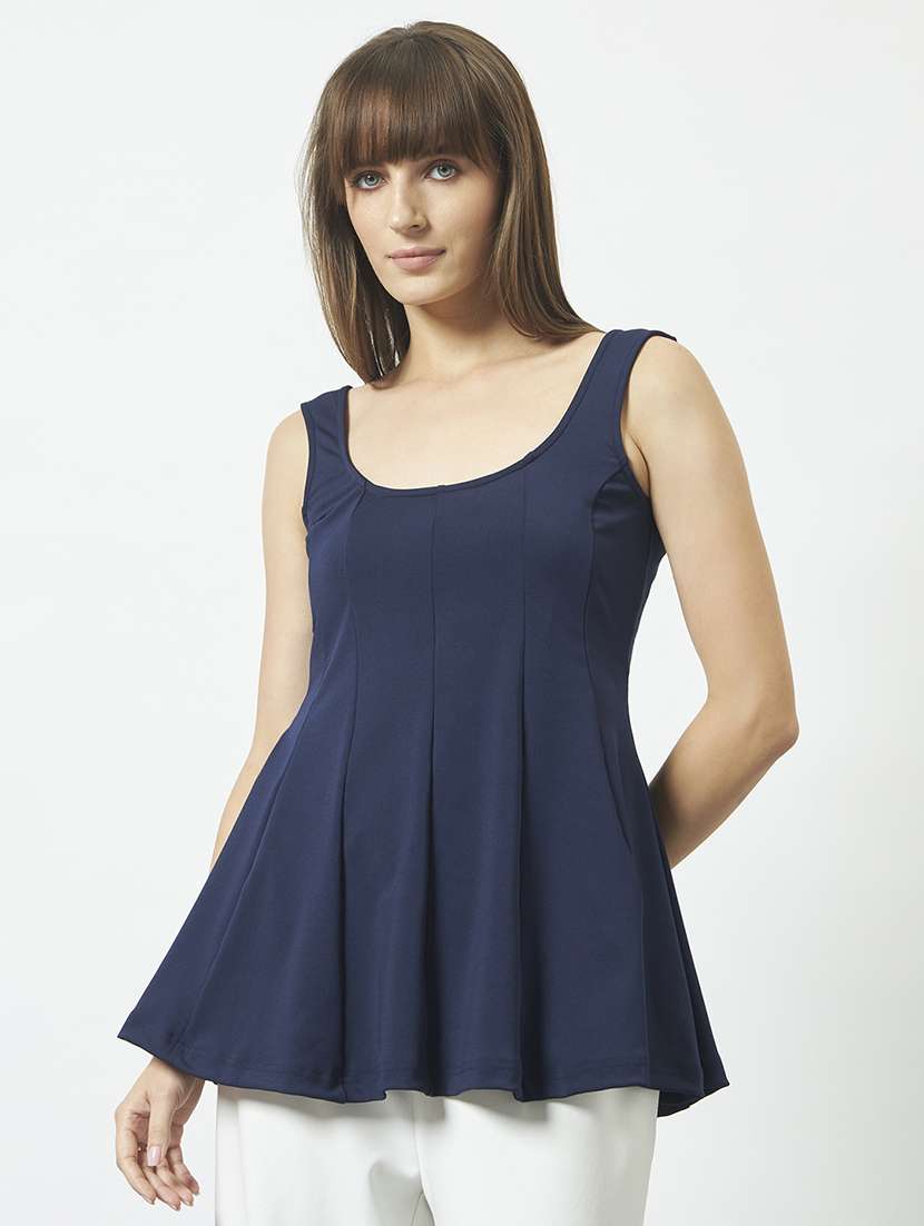 women navy blue polyester regular top