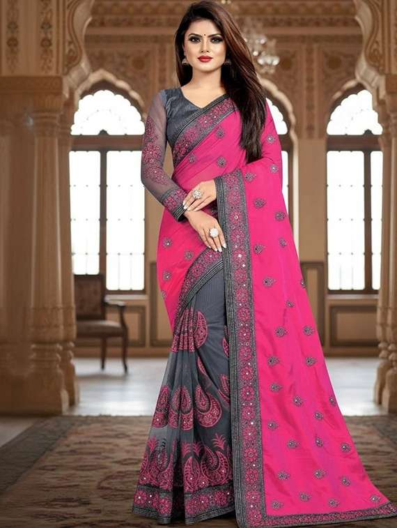 women solid with work half & half saree with blouse