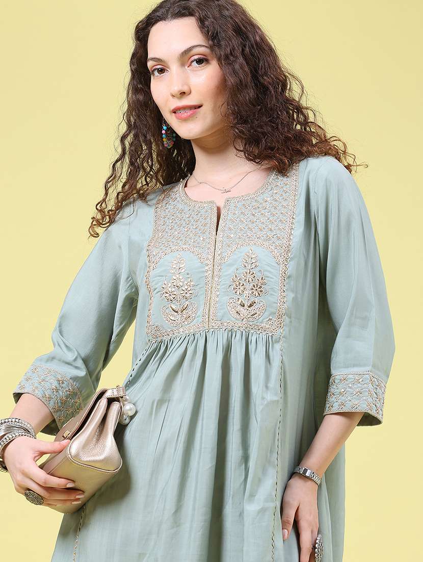 Women Solid With Work Three Quarter Sleeve A-line Kurta - 22479713 -  Standard Image - 2