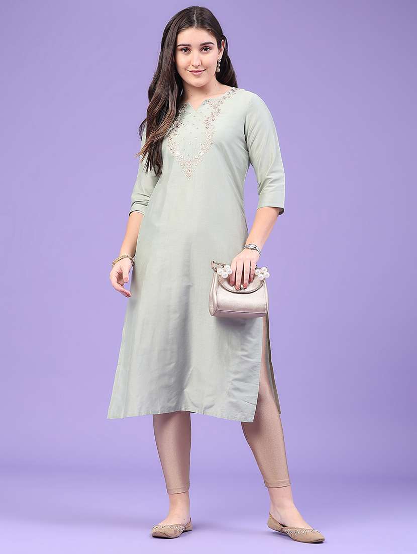 women solid with work three quarter sleeve straight kurta