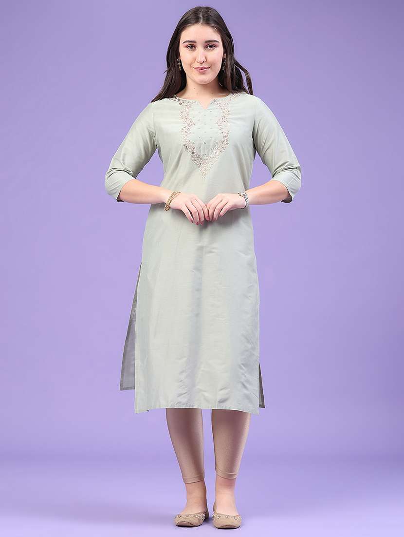 Women Solid With Work Three Quarter Sleeve Straight Kurta - 22479717 -  Standard Image - 2