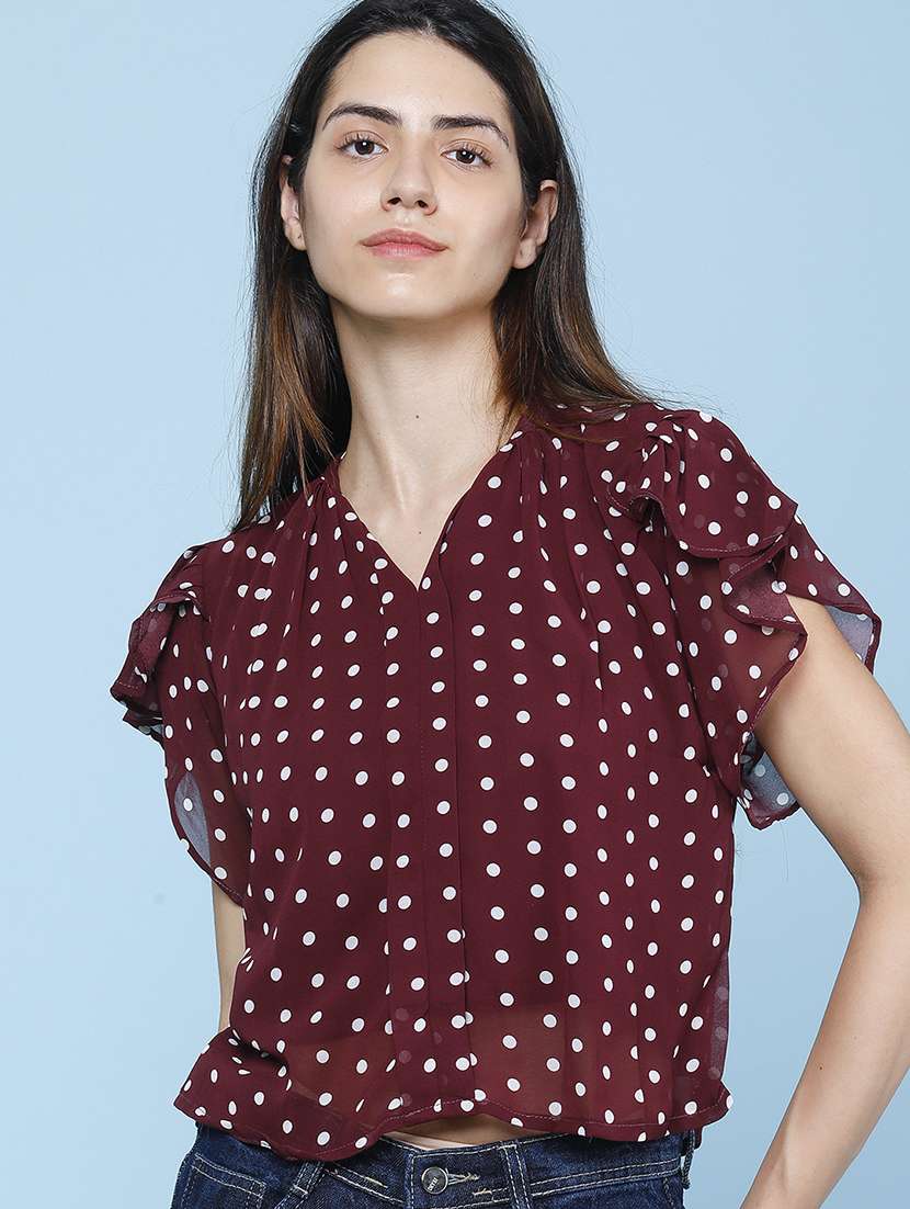 women printed ruffle sleeves regular top