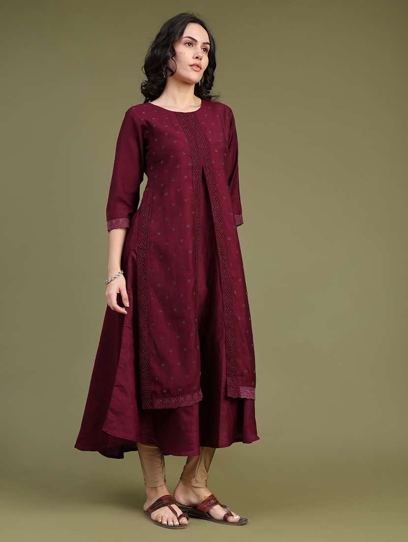 Women Solid With Work Three Quarter Sleeve Flared Kurta - 22480348 -  Standard Image - 2