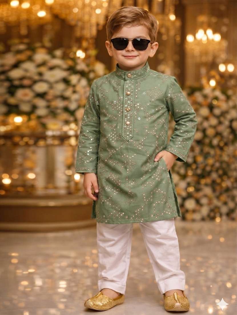 boys  embroidered cotton blend kurta and pyjama set