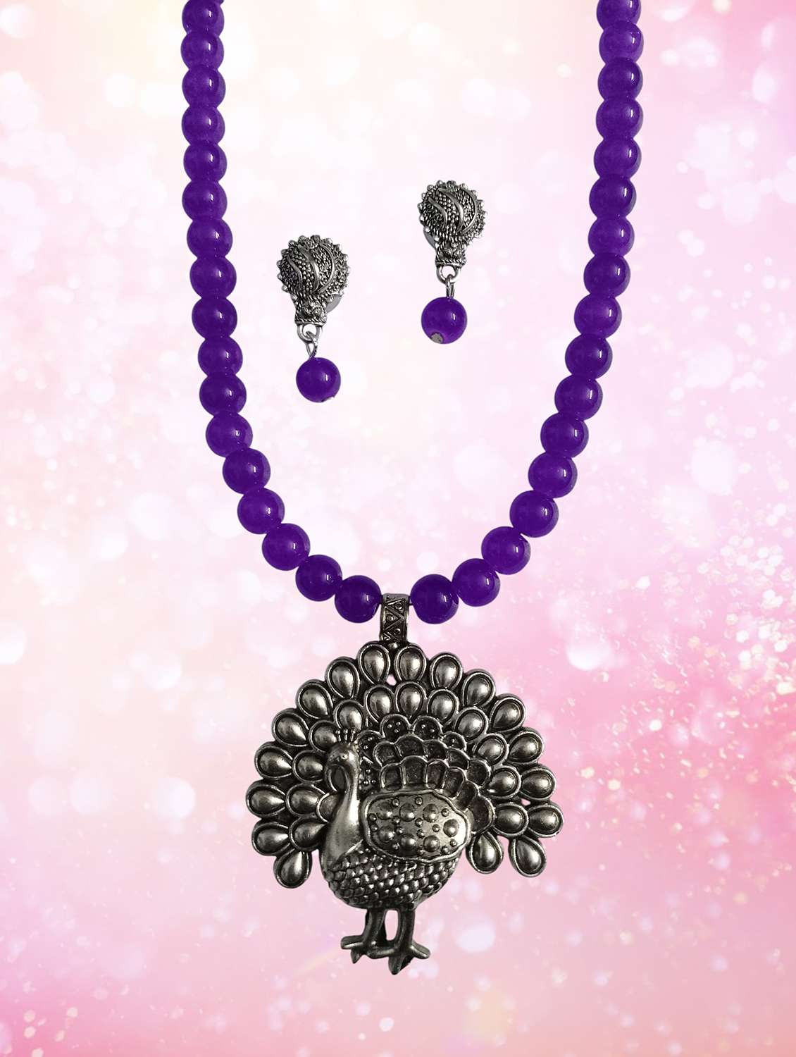 ethnic peacock pendant necklace and earrings set - purple