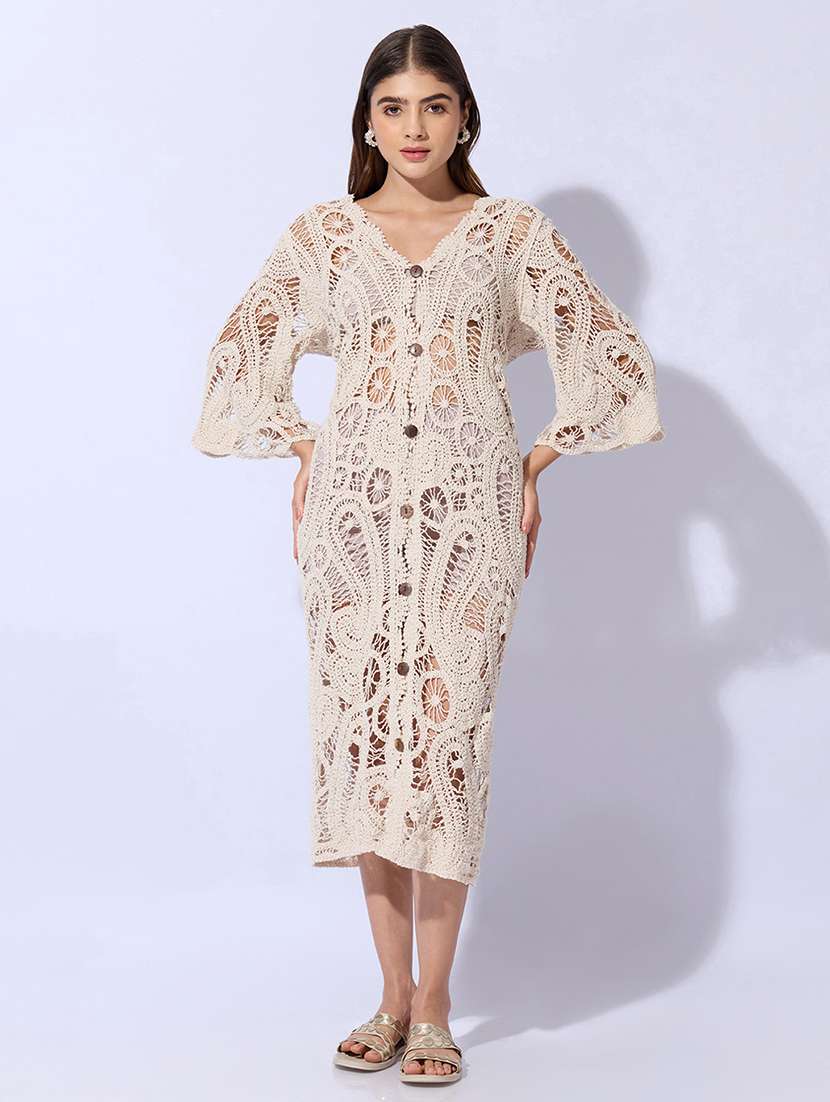 Women Self Design V Neck Sheath Midi Dress - 22480643 -  Standard Image - 2