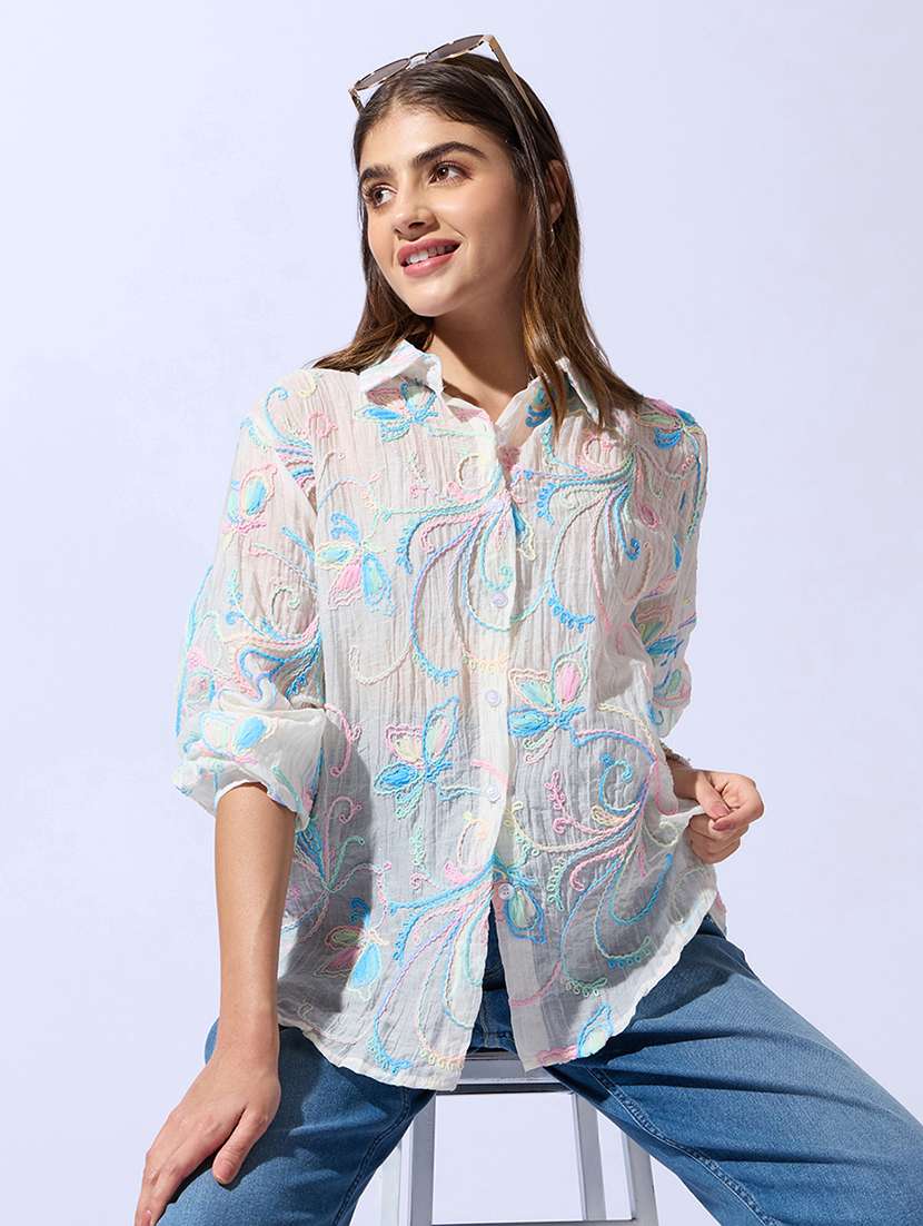 women embroidered long sleeves relaxed fit shirt