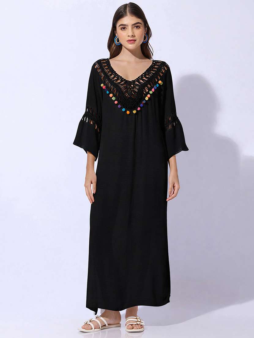 Women Self Design V Neck High Slit Maxi Dress - 22480658 -  Standard Image - 2