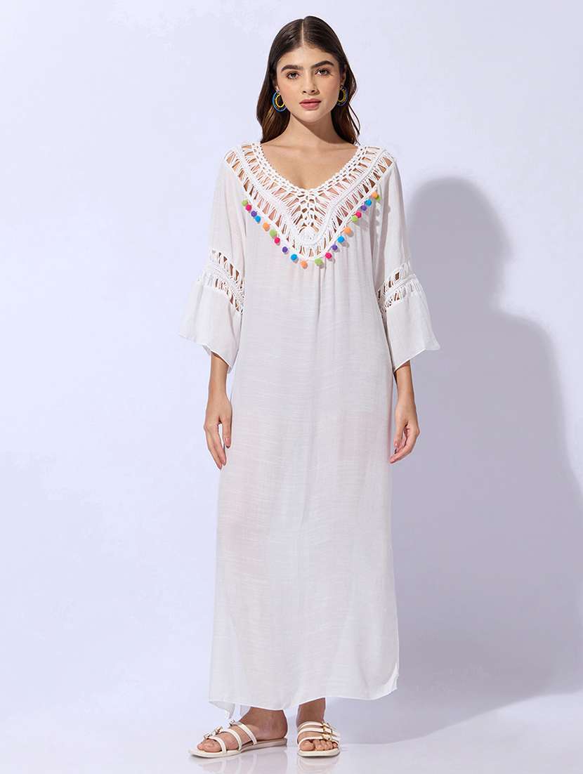 Women Self Design V Neck High Slit Maxi Dress - 22480660 -  Standard Image - 2