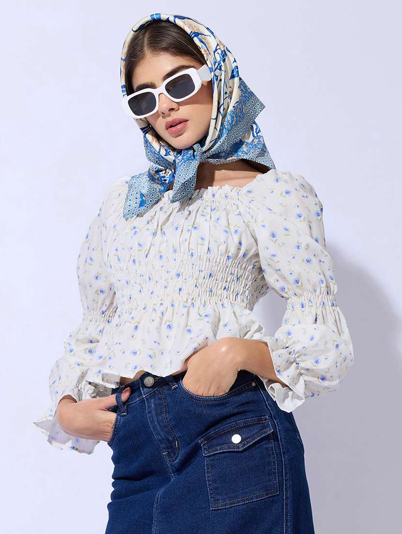 women printed long sleeves ruched peplum top