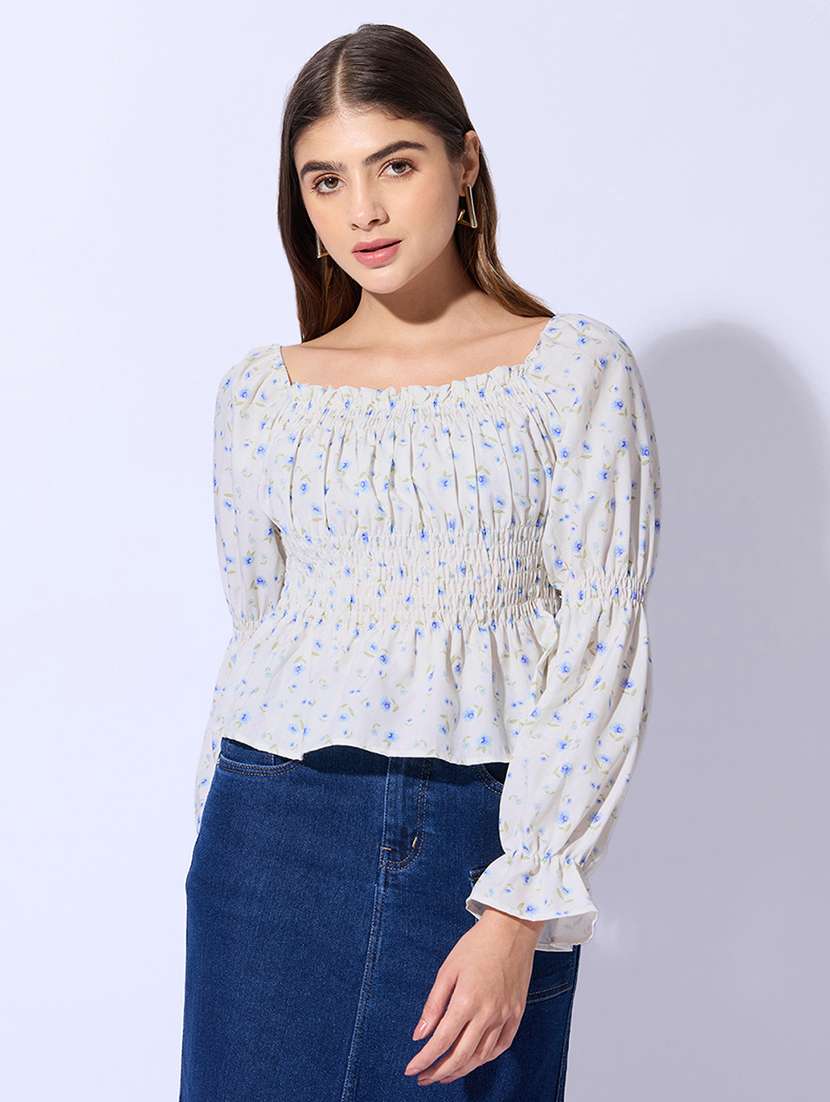 women printed long sleeves ruched peplum top - 22480663 -  Standard Image - 2