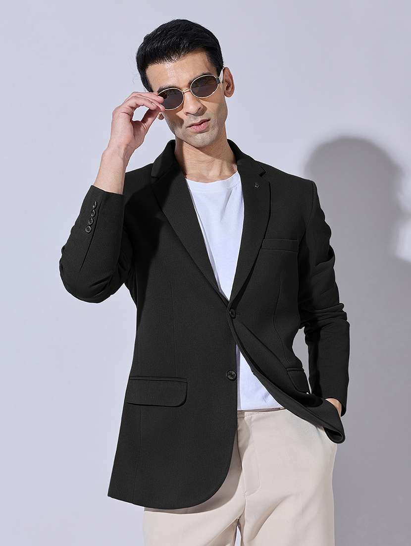 men solid lapel collar single breasted casual blazer
