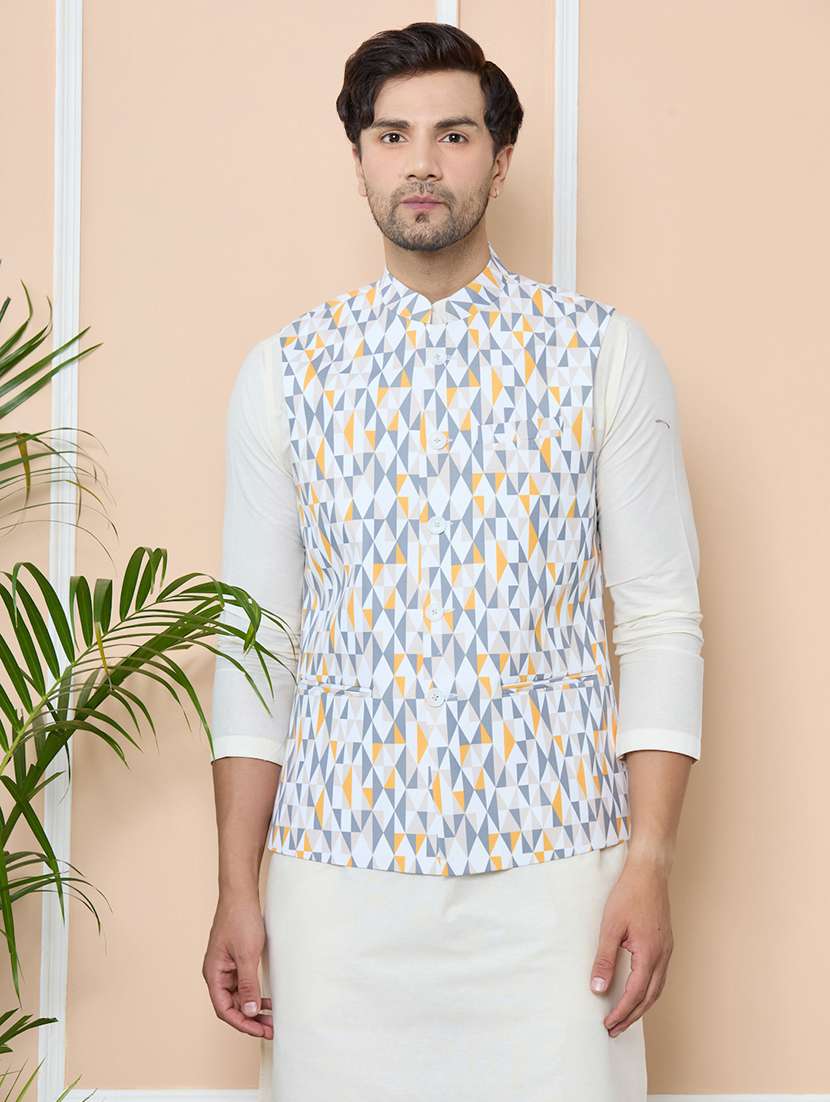 men geometric printed sleeveless regular fit nehru jacket