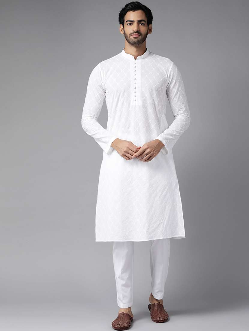 men solid with work mandarin neck kurta pyjama set