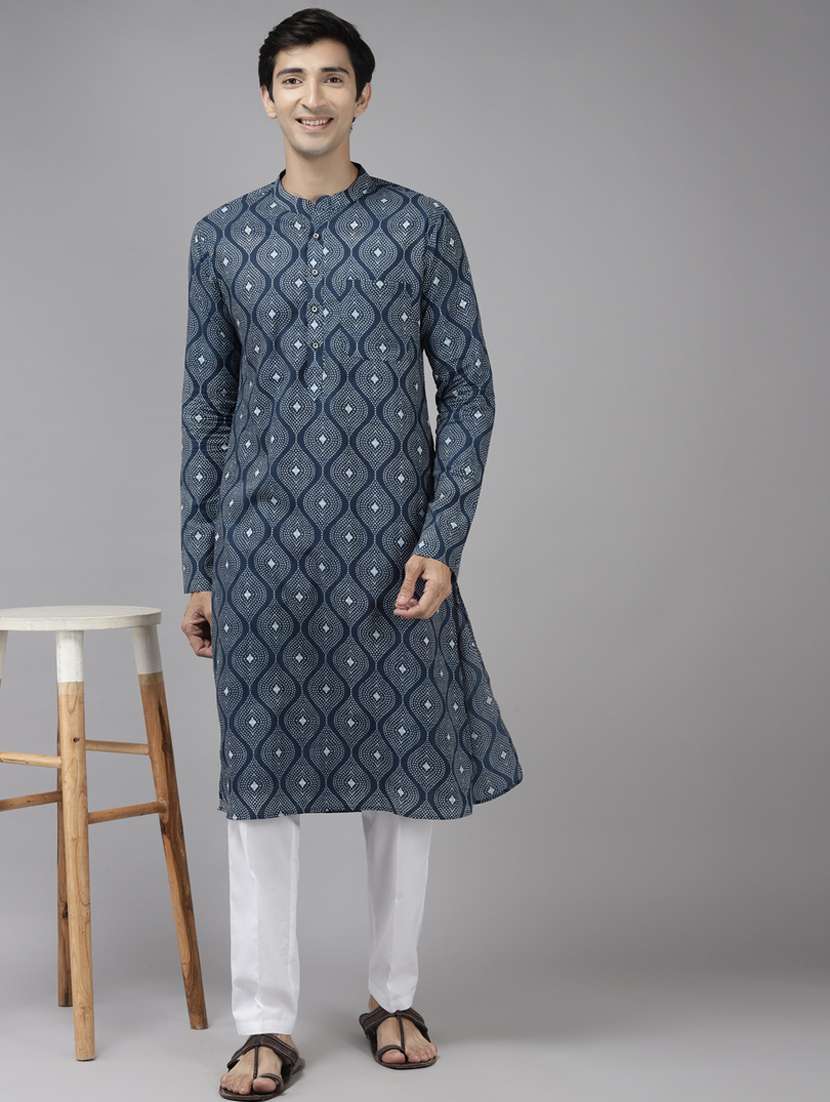 men printed mandarin neck kurta pyjama set