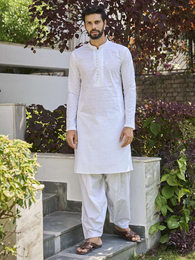 men solid with work mandarin neck kurta salwar set