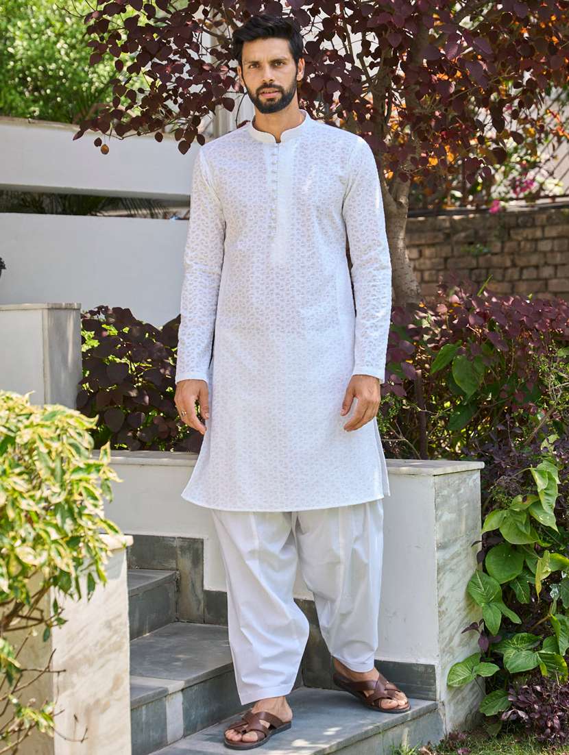 men solid with work mandarin neck kurta salwar set
