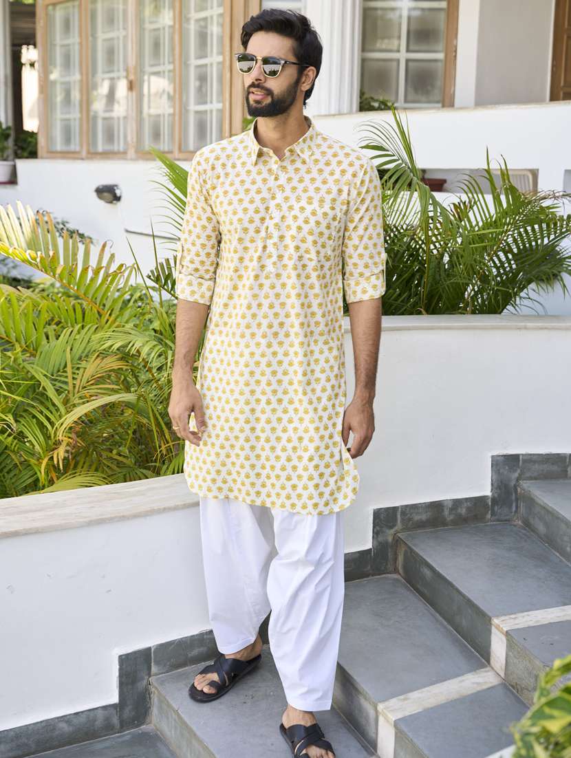 men printed long sleeve kurta salwar set