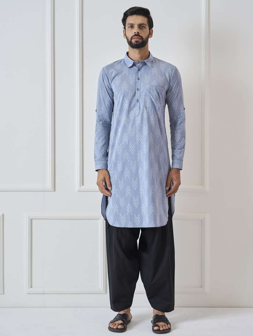men printed long sleeve pathani kurta salwar set