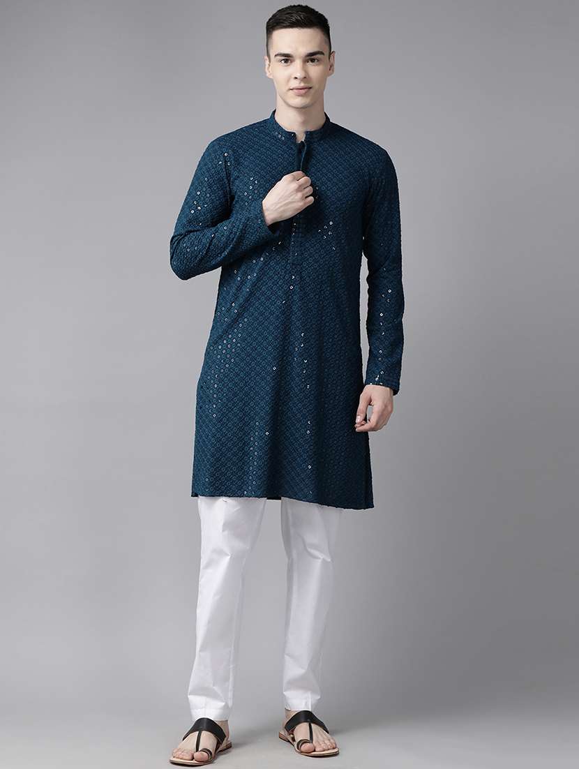 men solid with work mandarin neck kurta pyjama set