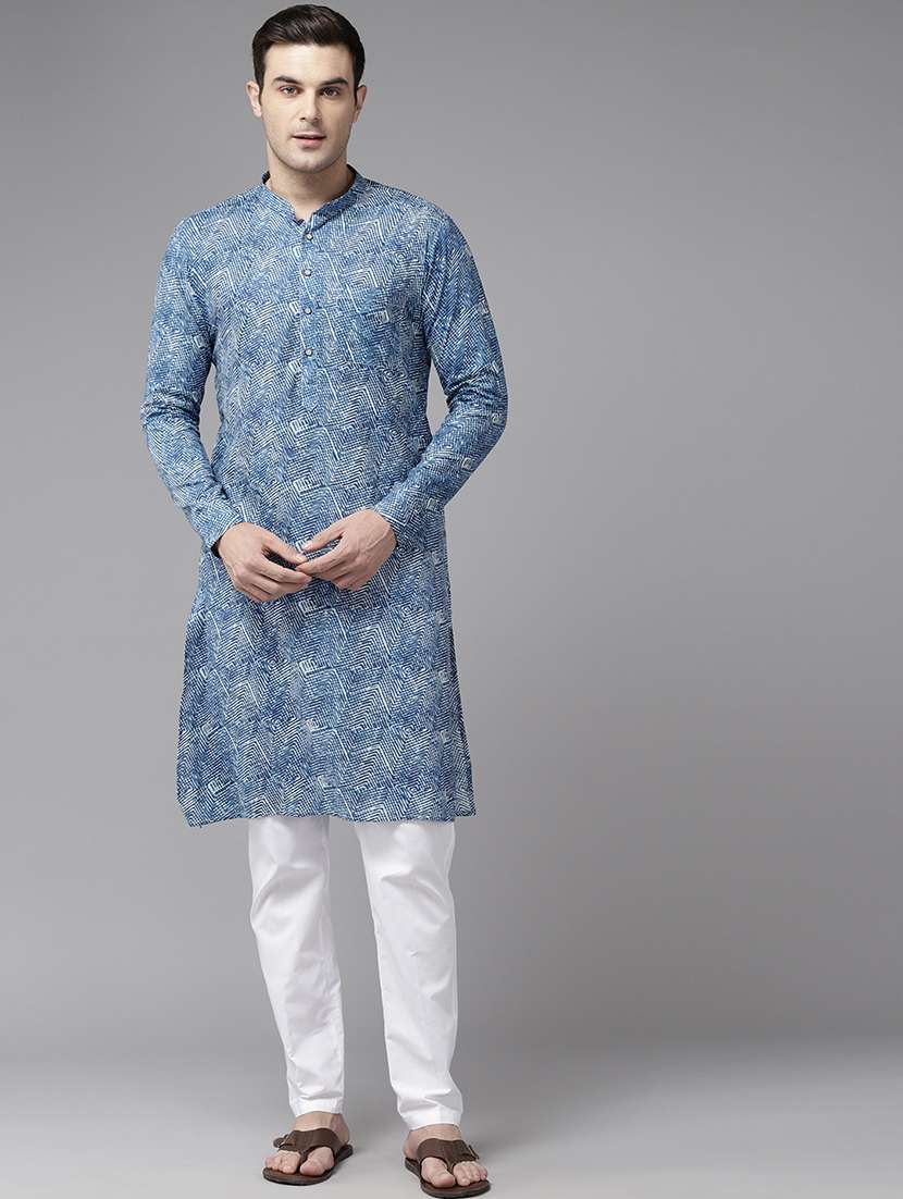 men printed mandarin neck kurta pyjama set