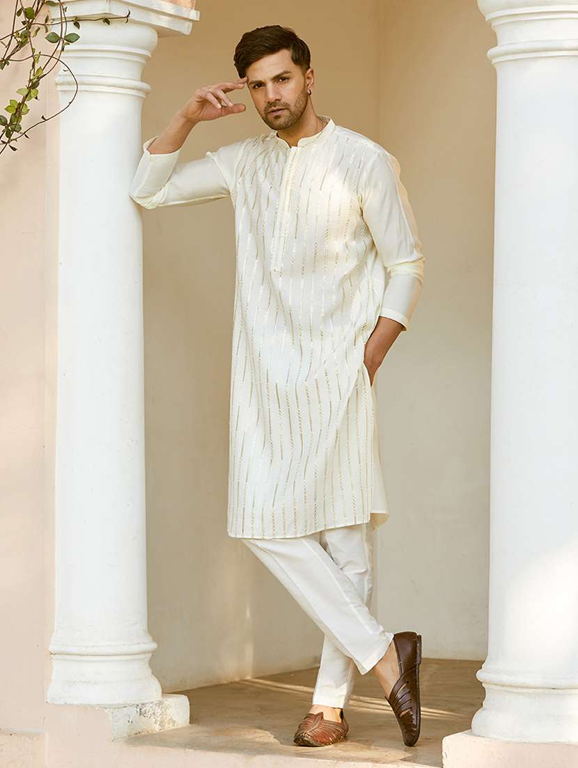 men solid with work mandarin neck kurta pyjama set - 22481136 -  Standard Image - 2