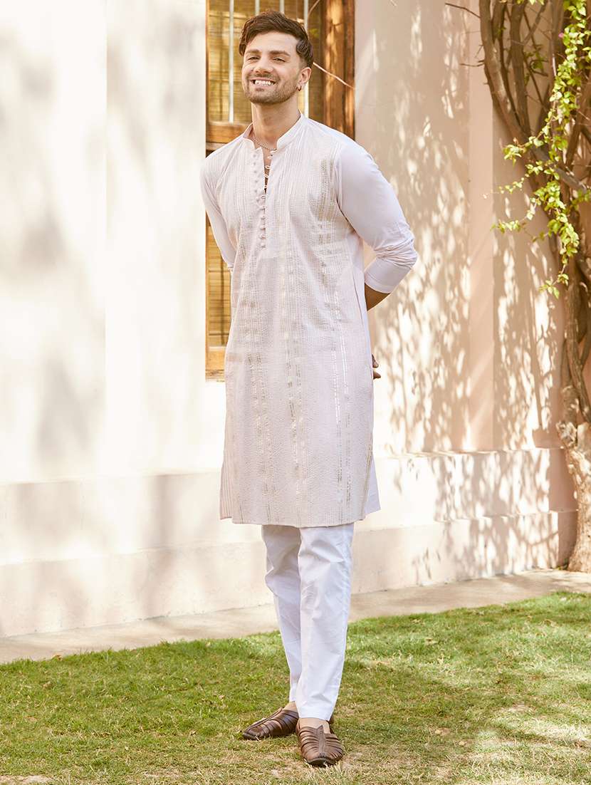 men solid with work mandarin neck kurta pyjama set - 22481150 -  Standard Image - 2