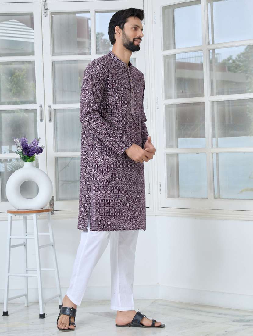 men solid with work mandarin neck kurta pyjama set - 22481261 -  Standard Image - 2