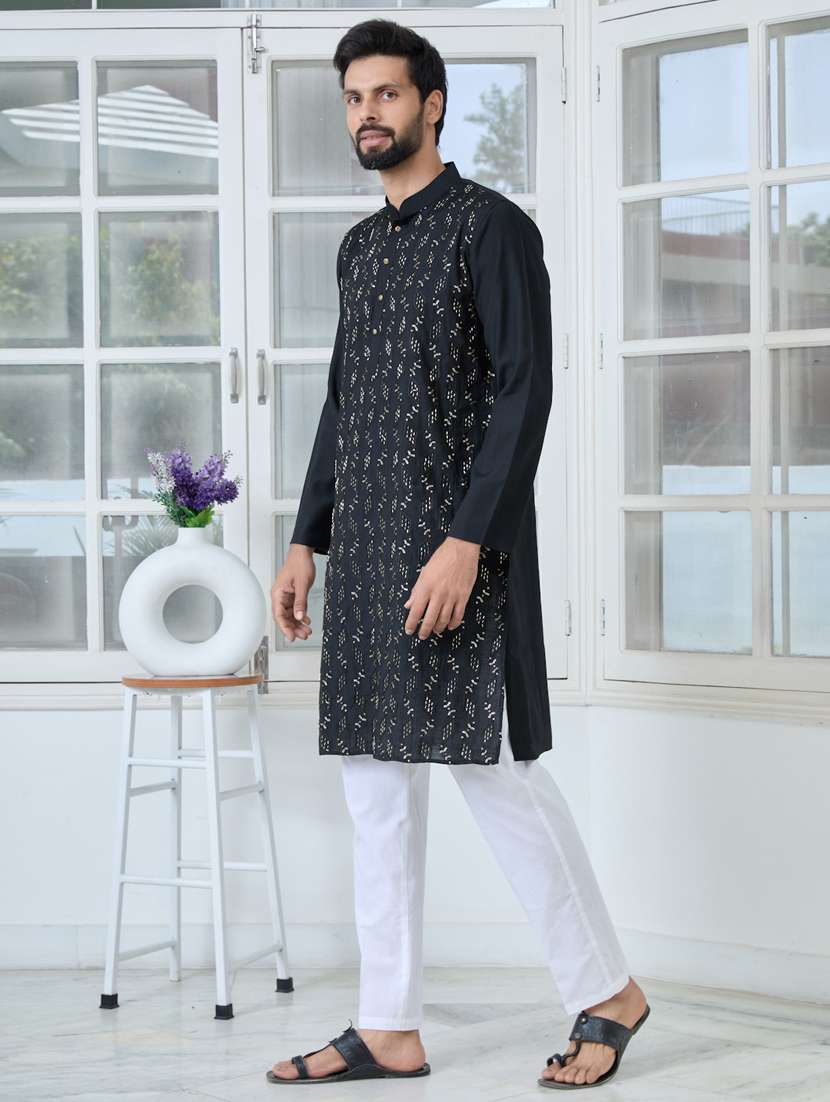 Men Solid With Work Mandarin Neck Kurta Pyjama Set - 22481264 -  Standard Image - 2
