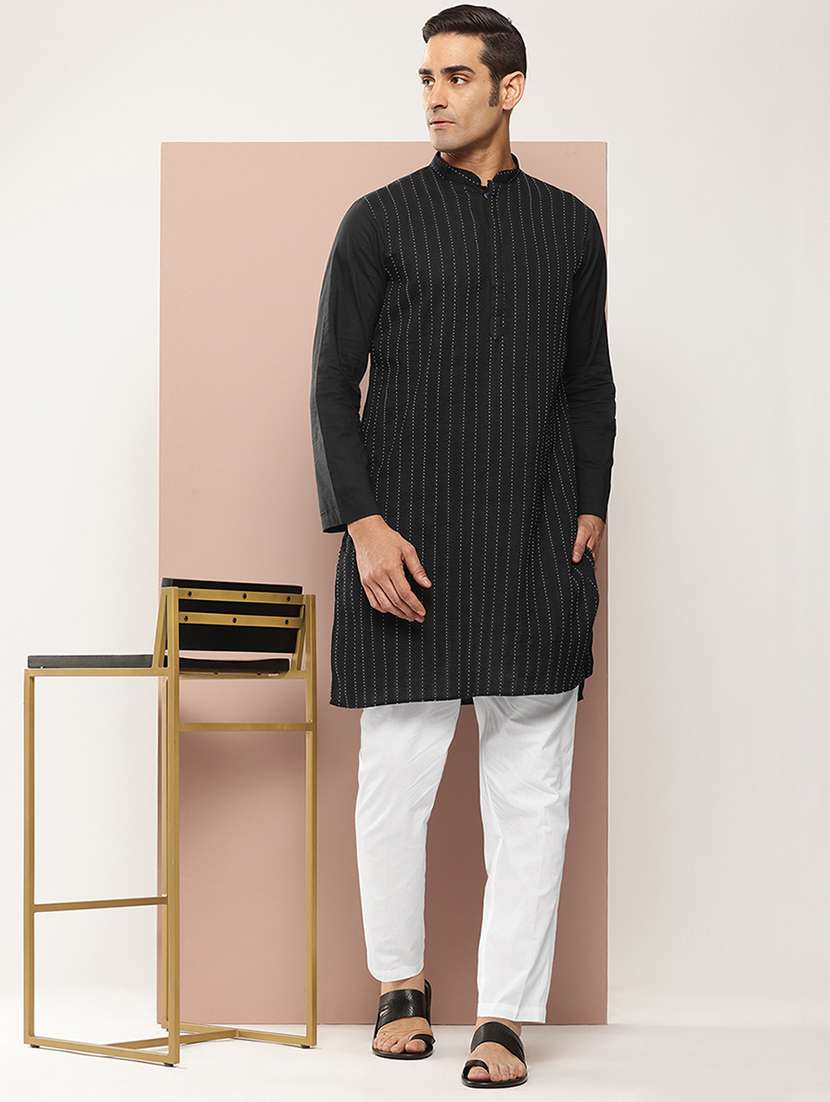 men solid with work mandarin neck kurta pyjama set