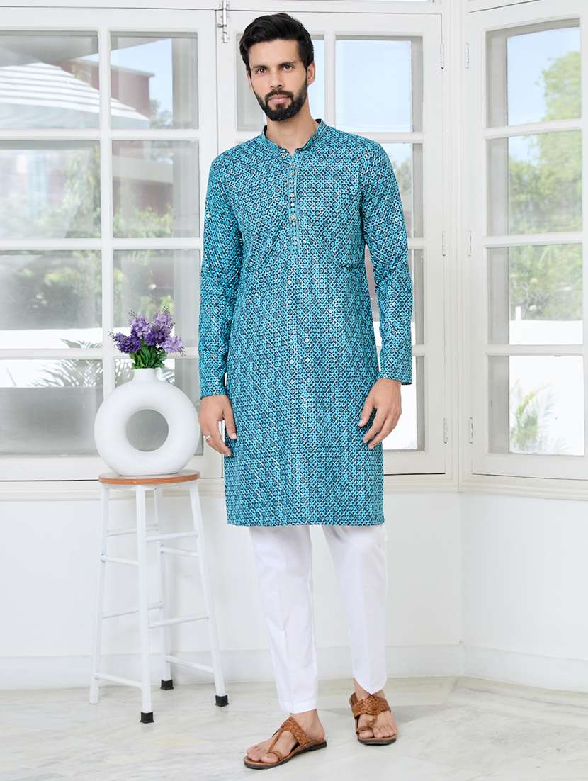 men solid with work mandarin neck kurta pyjama set